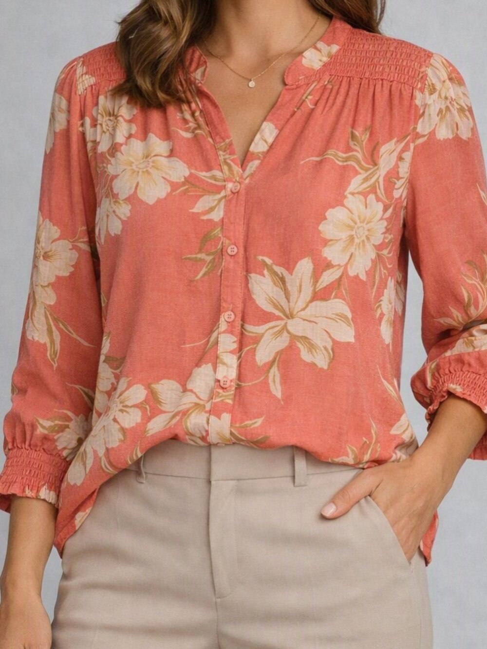 Coral Floral Button‑Down Blouse – Medium